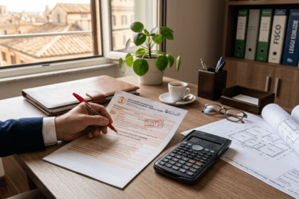 Scrivania con planimetrie edilizie e modulo con errori evidenziati in rosso — bonus edilizi decadenza