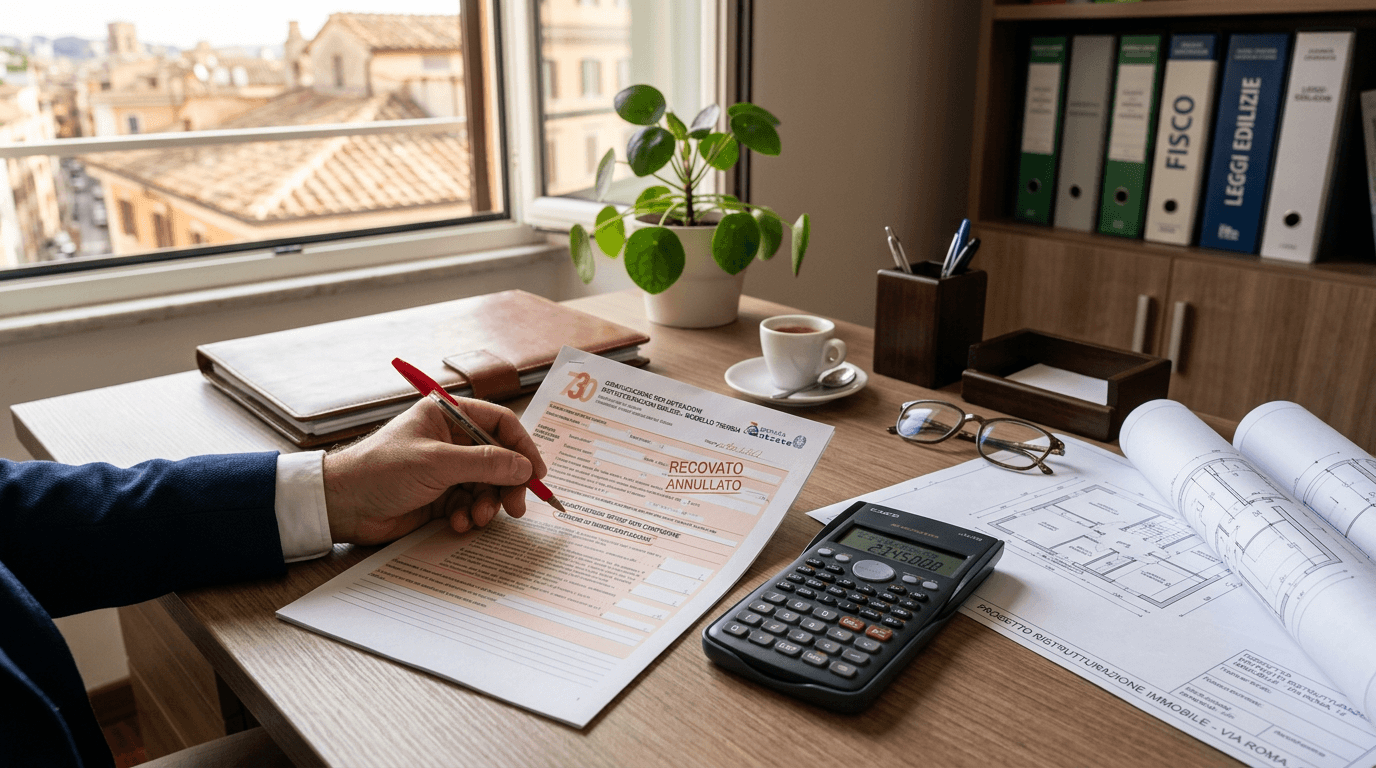 Scrivania con planimetrie edilizie e modulo con errori evidenziati in rosso — bonus edilizi decadenza