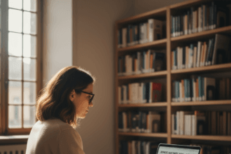 Docente che consulta un laptop in biblioteca — Carta del Docente 2025 2026 novità