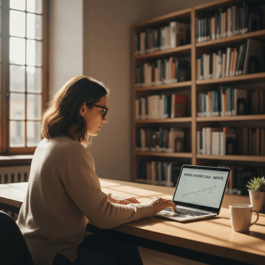 Docente che consulta un laptop in biblioteca — Carta del Docente 2025 2026 novità