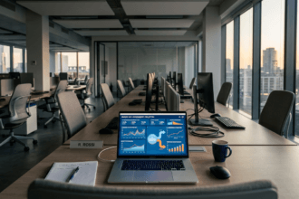 Ufficio moderno vuoto con schermo AI — licenziamento intelligenza artificiale imprese Italia