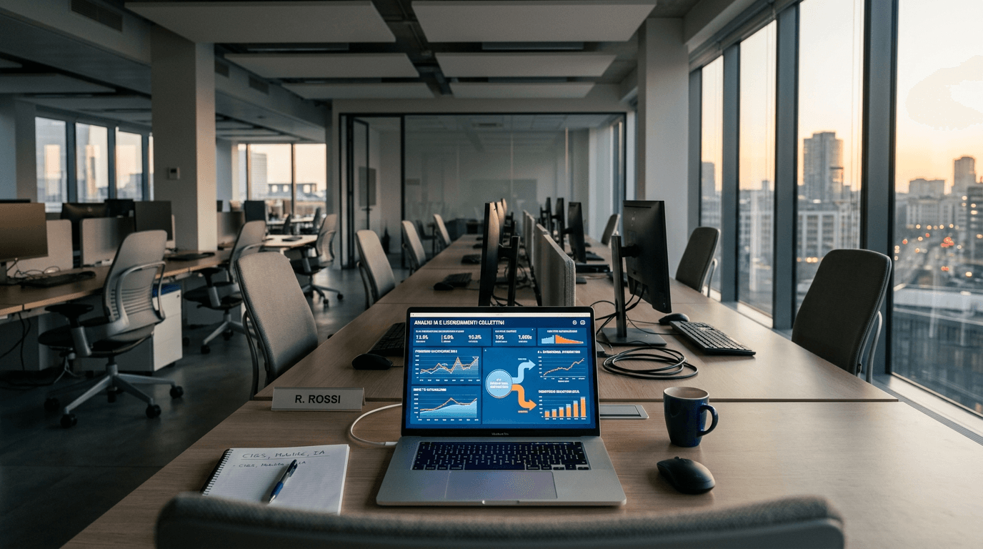 Ufficio moderno vuoto con schermo AI — licenziamento intelligenza artificiale imprese Italia