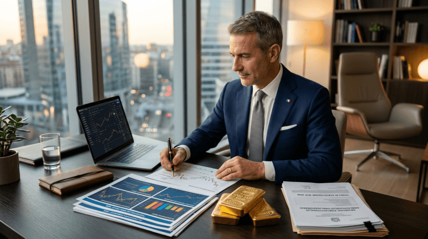 Professionista italiano analizza portafoglio investimenti anti-crisi 2026 — diversificazione ETF oro titoli di stato