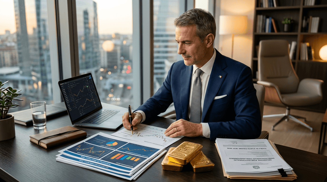 Professionista italiano analizza portafoglio investimenti anti-crisi 2026 — diversificazione ETF oro titoli di stato